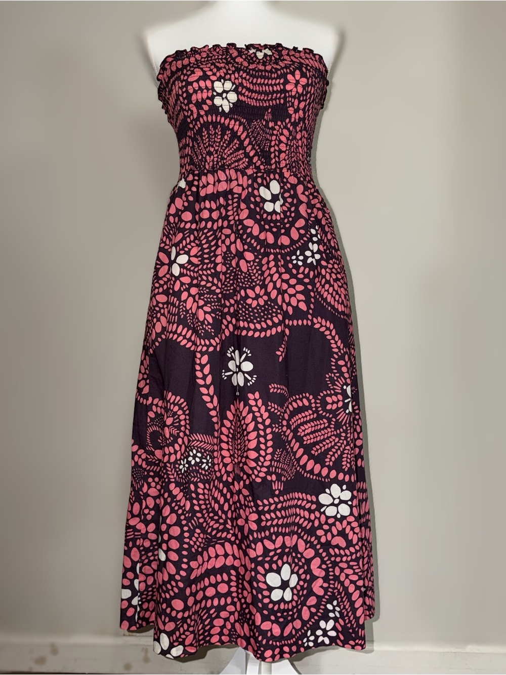 100% Cotton Marimekko for Anthropology Pink & Purple Floral Strapless Maxi Dress